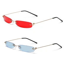 2 шт. без оправы прямоугольник солнцезащитные очки Для мужчин Для женщин 90S дизайнерские крошечные узкие выполненные оттенок солнечные очки тёмные очки-золото голубые зеркальные линзы в серебристой пленка& Go