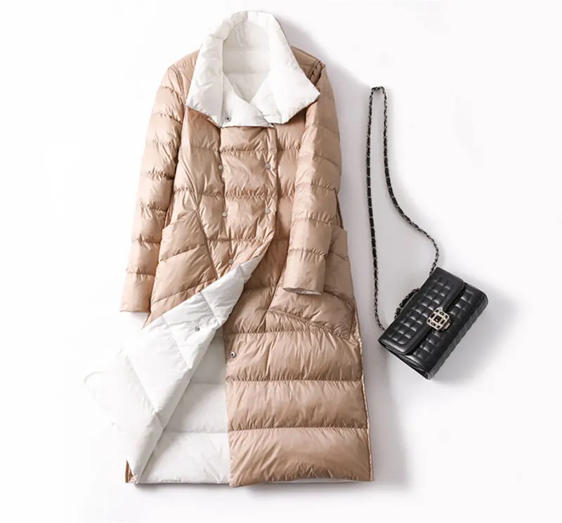 Khaki White Зимнее пуховое пальто для женщин, Двусторонняя глянцевая длинная куртка выше колена, теплая хлопковая куртка с лацканами, тонкая двубортная верхняя одежда на белом утином пуху - Цвет: Khaki White