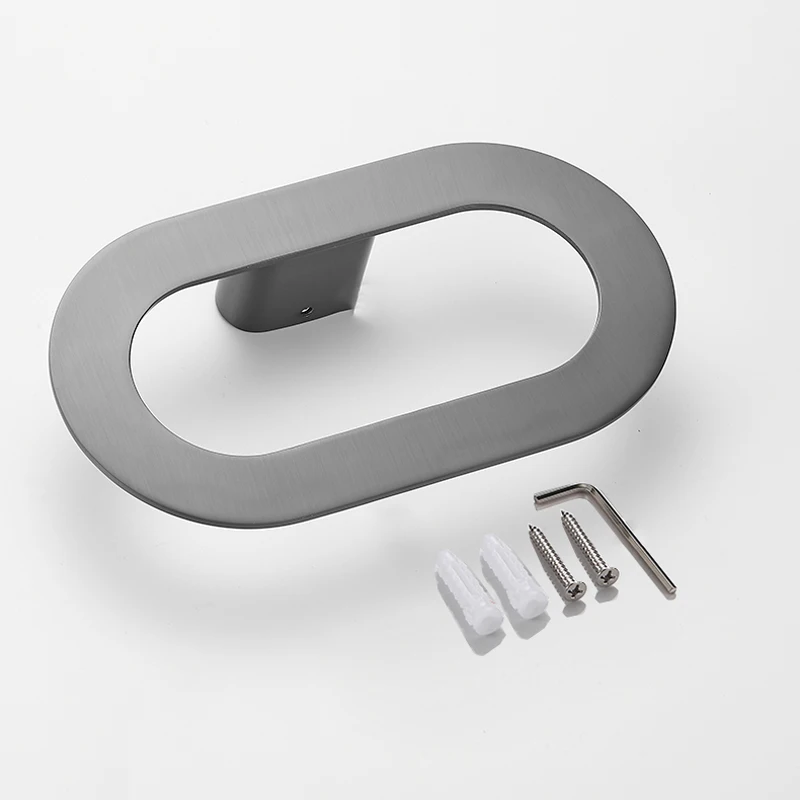 Gunmetal gray towel ring holder zinc alloy spray painted towel rack bathroom pendant wall hanging perforated hand rack