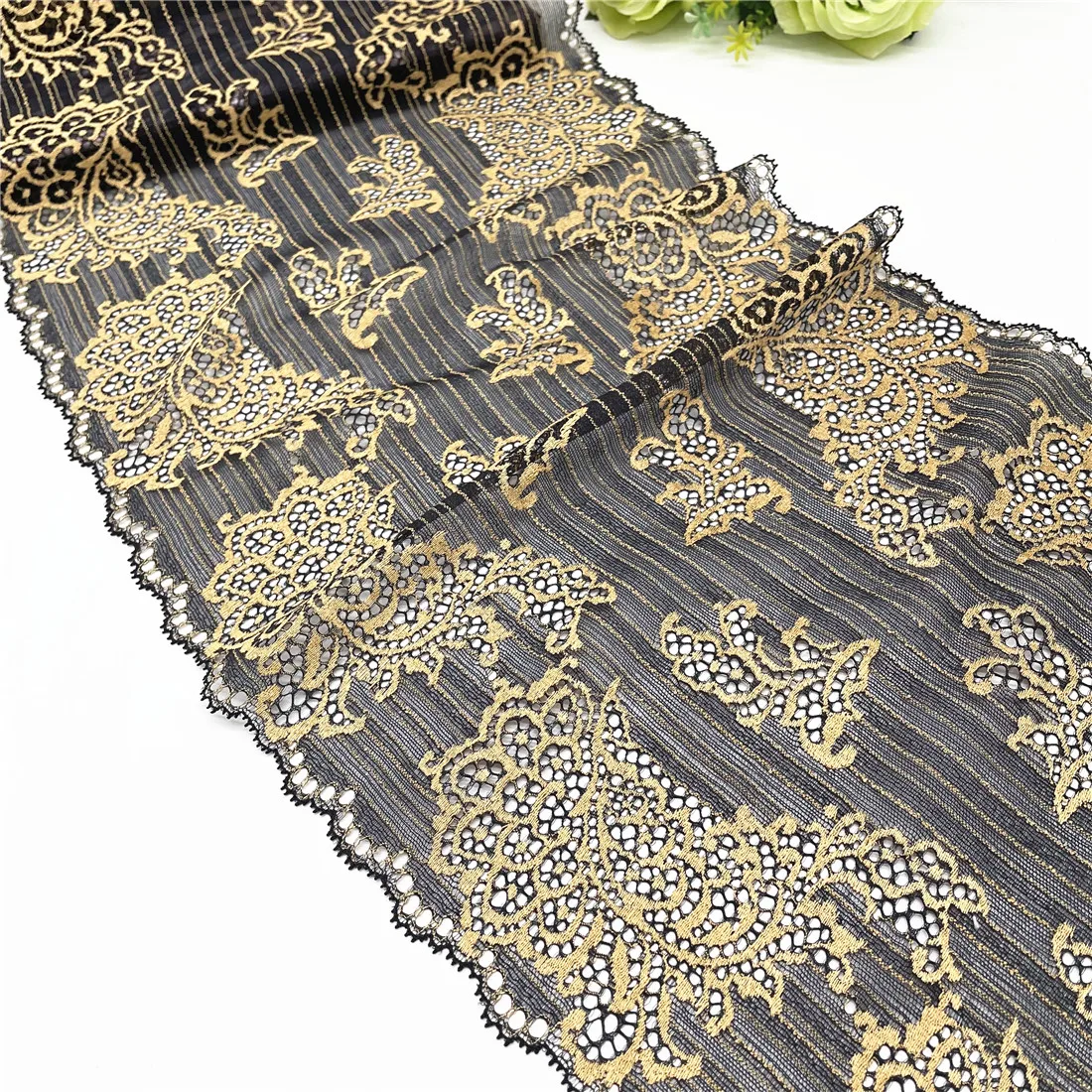 3y/lot Width 11 inch 28cm Ginger Black Yellow Stretch Elastic Wide Lace Trim 6