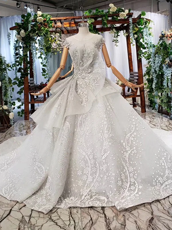 as picture HTL788 роскошное свадебное платье со шлейфом, круглым вырезом, аппликацией, шапка с рисунком, рукава, свадебные платья с низким вырезом на спине, специальное предложение - Цвет: as picture