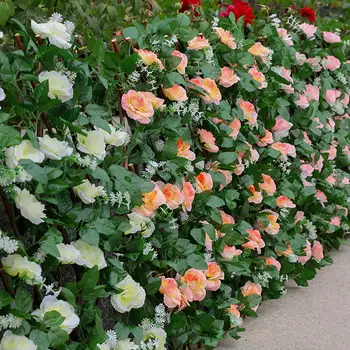 

Backyard Cloth Flowers Garden Decoration With Buds Leaves Telescopic Privacy Screen Greenery Wall Wooden Hedge Artificial Fence