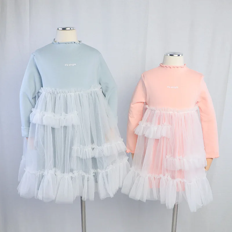 

BBK Autumn Winter 2019 New Korean Children 's High Waisted Splicing Mesh Children 's Dress knitting Lace pattern Girls' Dress