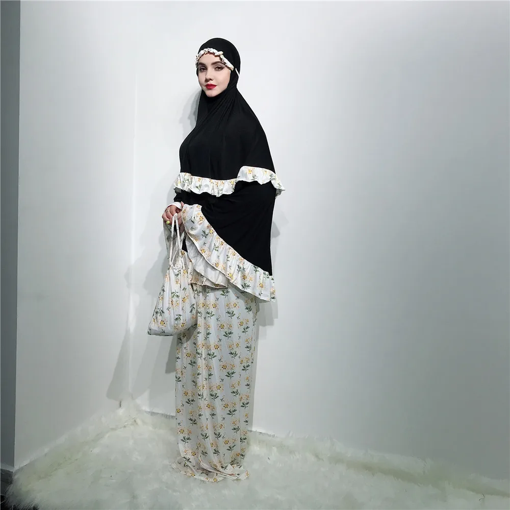 Мусульманское платье 3 шт. модное Кружевное хиджаб с цветочным принтом абайя