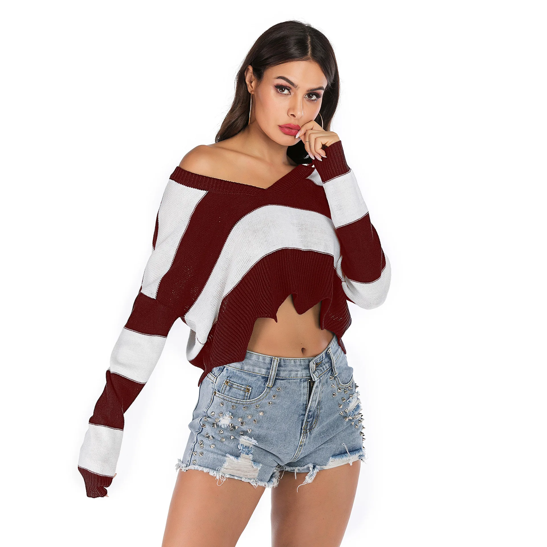 Autumn 2019 new sweater women's European and American wave edge V-neck stripe loose open navel knitwear women Short sweater Autumn 2019 new sweater women's European and American wave edge V-neck stripe loose open navel knitwear women Short sweater
