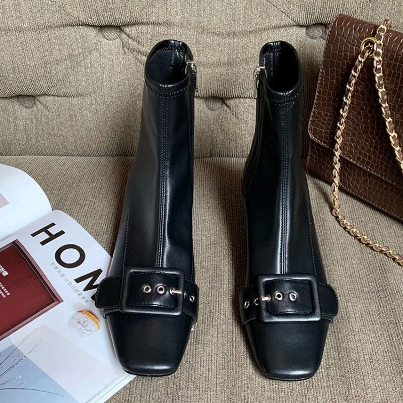 

Womens Square Toe Ankle Boots PU Leather Side Zipper Square Buckle Block Low Heel Martin Shoes Black Smoky blue Warm Winter New