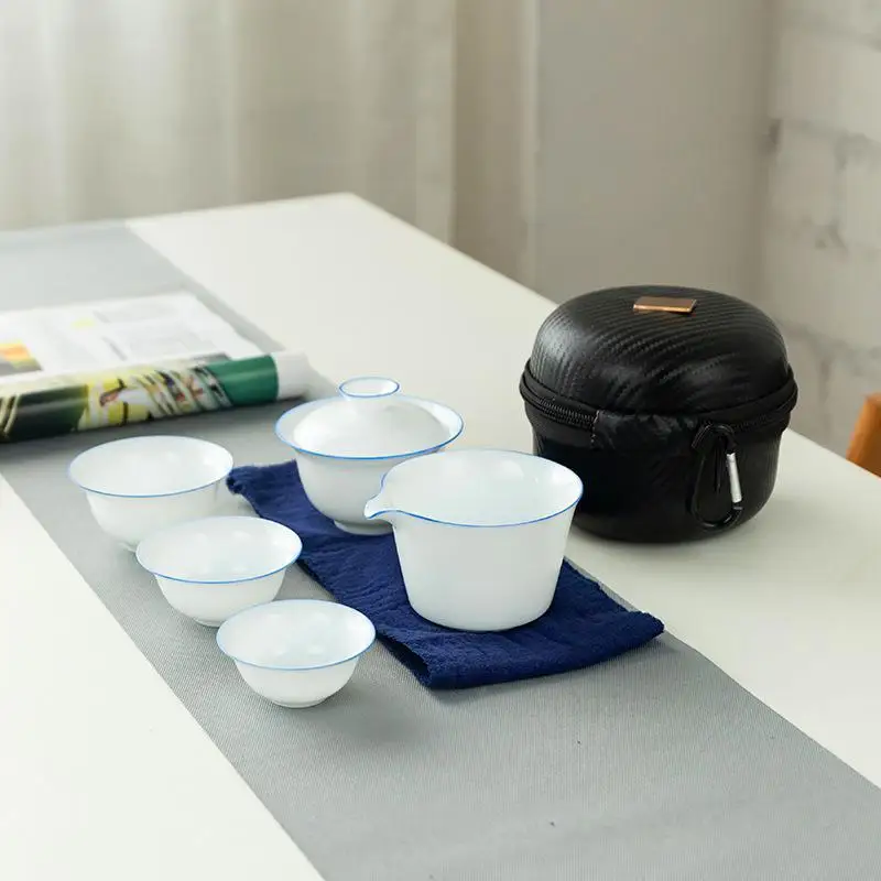 Tea Set Suit Ceramic Travel Home Office Cup Container with Bag Tea Sets A Pot Two Cups Portable Teapot Cup - Цвет: blue