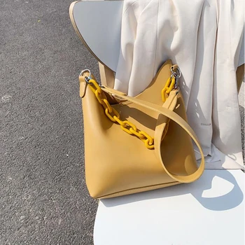 

Solid Color PU Leather Bucket Bags For Women 2020 Small Chain Design Shoulder Messenger Crossbody Handbags Female Travel Bag