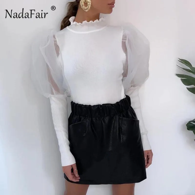 Nadafair Puff Long Sleeve Shirt Ruffle Half High Neck Tops And Blouses Women Fashion Mesh White Blouse Woman Black