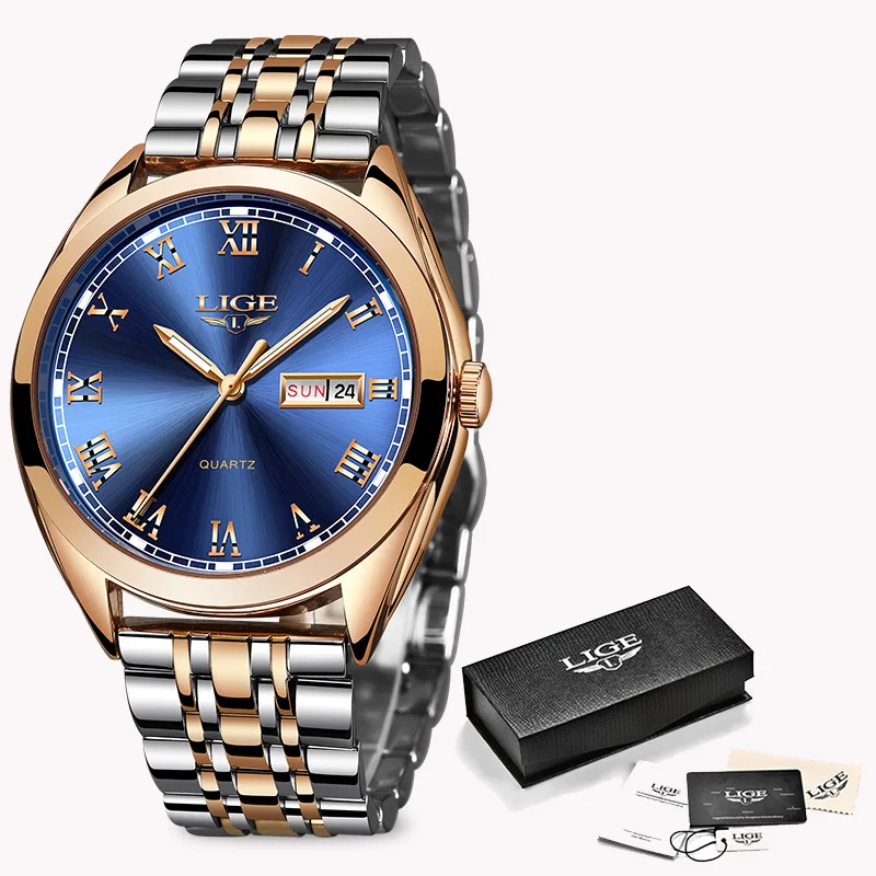 LIGE, модные женские часы, Лидирующий бренд, Роскошные водонепроницаемые золотые кварцевые часы, женские часы из нержавеющей стали с датой, подарок, часы - Цвет: Rose Gold Blue