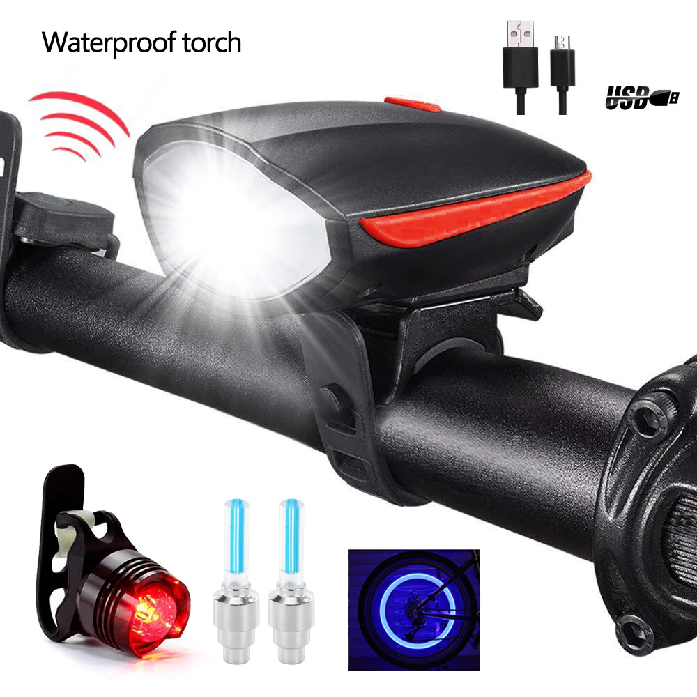 2 IN 1 LED Bike Light With electric Bell trembler buzzers horn switch Cycling Bicycle Lamp Battery Built-in USB Charging