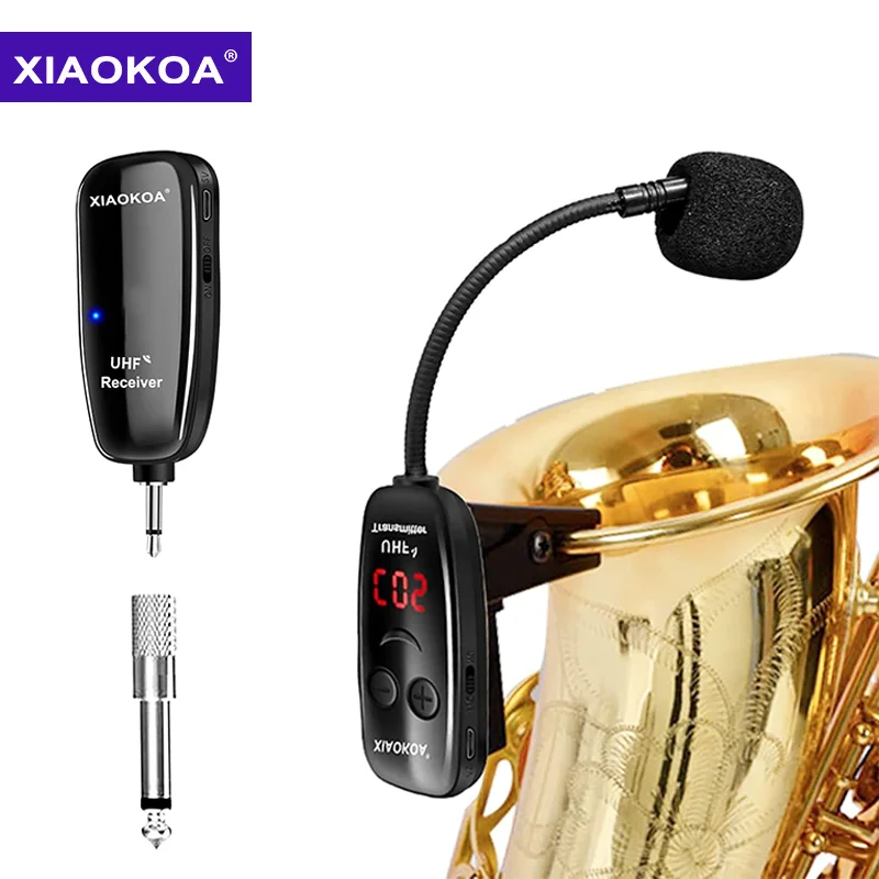 XIAOKOA UHF Wireless Saxophone Microphone System Clip on Musical Instruments Wireless Receiver Transmitter for Saxophone Trumpet