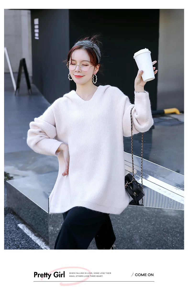 Hooded V-Neck Maternity Sweater Solid Color Maternity Clothes Winter Outerwear Loose Knitted Top Pregnancy Sweater Elegant