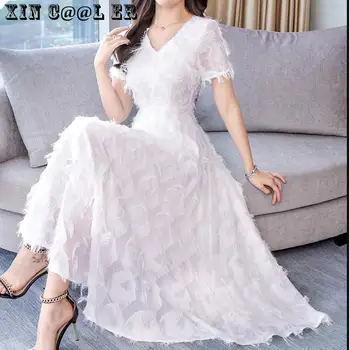 

Spring Women Slim Elegant Temperament Dresses Fashion Tassel Maxi Feather Dress Summer Pink White Female Work Wear Plus Size
