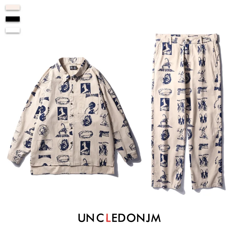 

UNCLEDONJM Two Pieces Sets Mens Harajuku Printed Buttons Shirts and Loose Straight Pants 2019 High Street Men's Set A17/A18