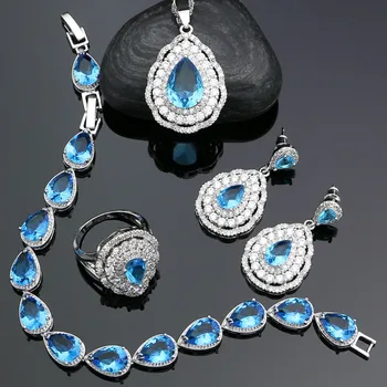 

Fashion Women 925 Silver Jewelery Sky Blue Cubic Zirconia Crystal Earrings/Pendant/Necklace/Ring/Bracelet Jewelry Sets