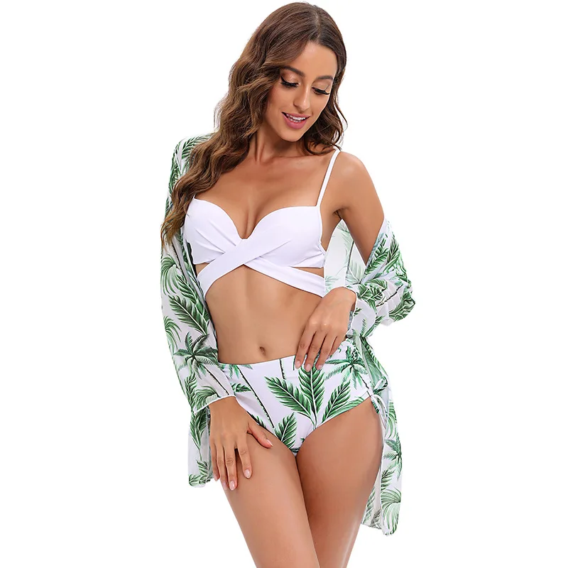 orange bikini set High Waist 3 Piece Bikini Set With Cover Up 2022 Swimsuit Women Print Long Sleeve Bathing Suit Beachwear Swimming Biquini New strapless bikini set