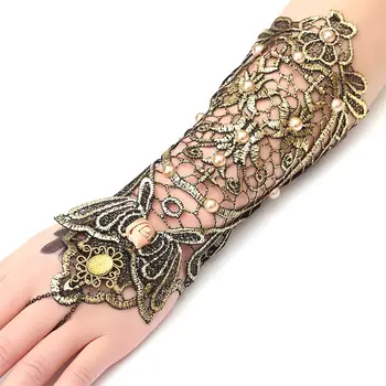 

Handmade Sexy Gothic Women Bracelet Black&Gold Lace Finger Floral Bracelet Simulateds Pearl Rose Lady Party Jewelry