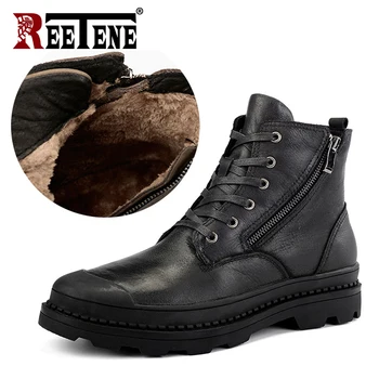 

REETENE Warm Winter Boots Men Genuine Leather Men Ankle Boots Fashion Motorcycle Male Shoes Comfort Big Size Men'S Winter Shoes