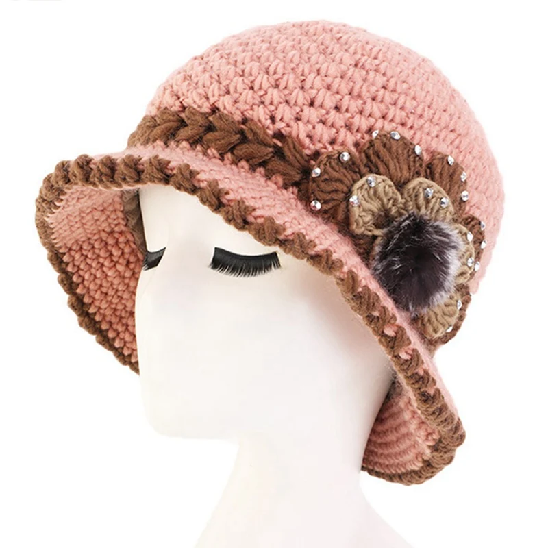 Ladies Beanie Hat Women Autumn Winter Crochet Knitted Flowers Decorated Ear Warm Hats Casual Soft Ski Bonnet Female Wool Cap