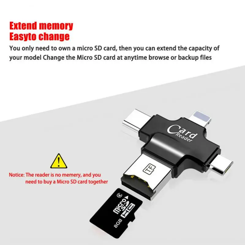 4-в-1 кард-ридер с разноцветными шнурками-кард-ридер для iPhone/Android Micro SD USB(OTG)/Lightning/Тип-C TF USB OTG адаптеры и преобразователи
