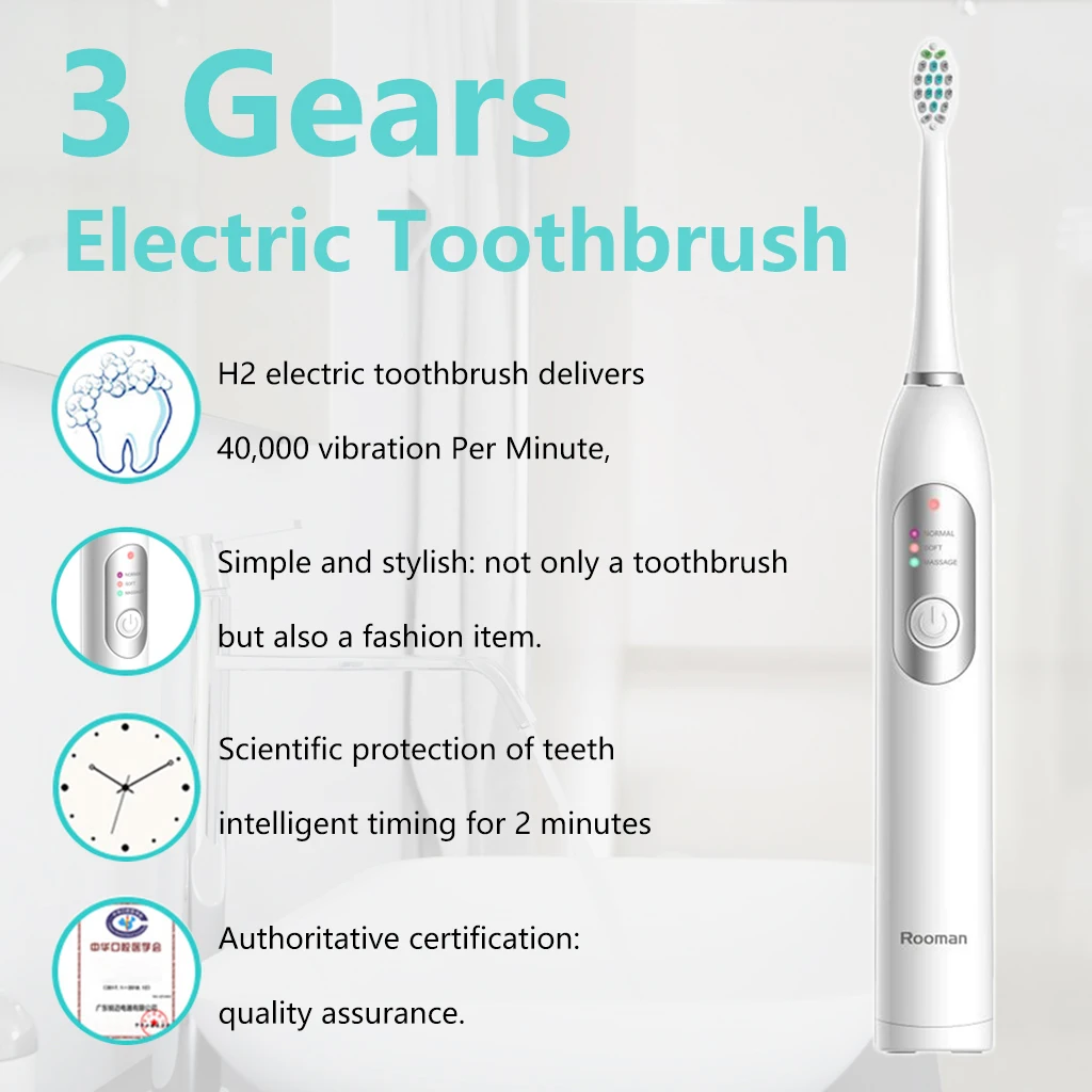 

Rooman H2 40000vpm Sonic Electric Toothbrush IPX7 Ultrasonic Automatic Tooth Brush Rechargeable Whitening Cleaning Toothbrush
