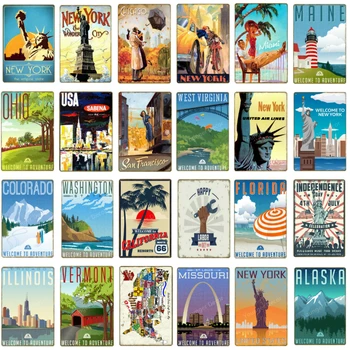 

The USA Countries Cities Travel Metal Signs New York Alaska Ohio Washington Decor Poster Retro Vintage Wall Art Plaque YJ106