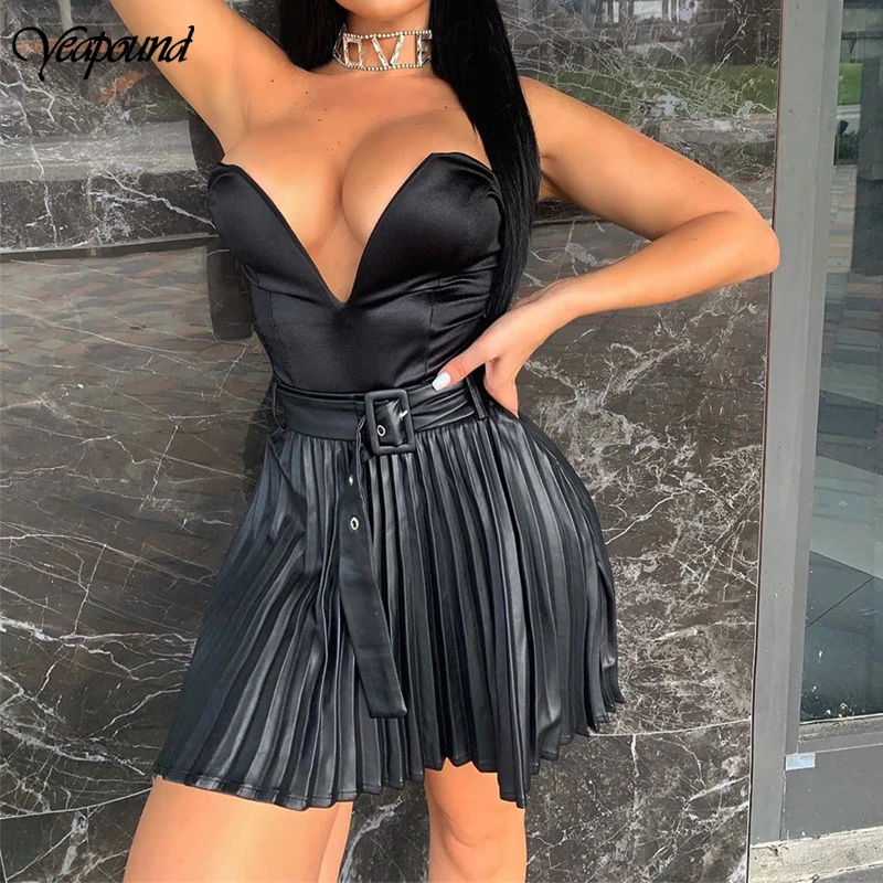 Высококачественная юбка из искусственной кожи, модная однотонная плиссированная короткая юбка, Женская Повседневная мини-юбка трапециевидной формы