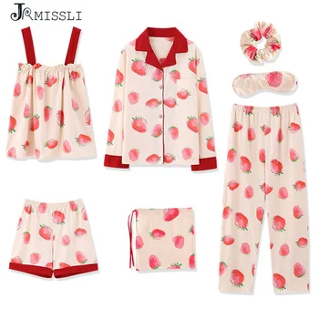 

JRMISSLI Autumn 7 Pieces Set White 100% Cotton Women Pajamas Suits Long Sleeve Top Elastic Waist Pants Lounge Pijamas