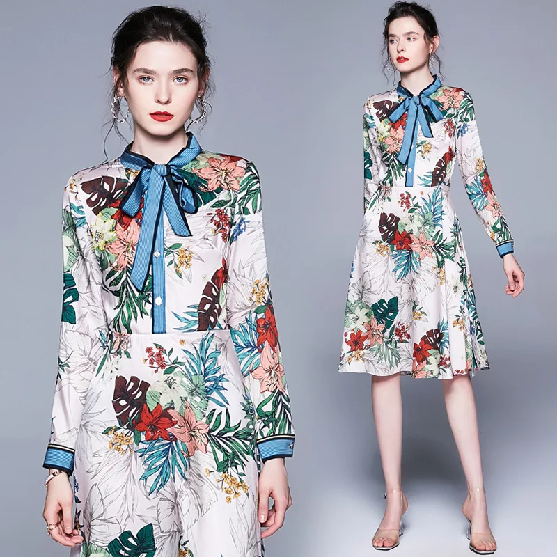 

2019 Spring New Style Europe And America WOMEN'S Dress of LED Medium-length fu gu qun Waist Hugging Slimming Printed Debutante D