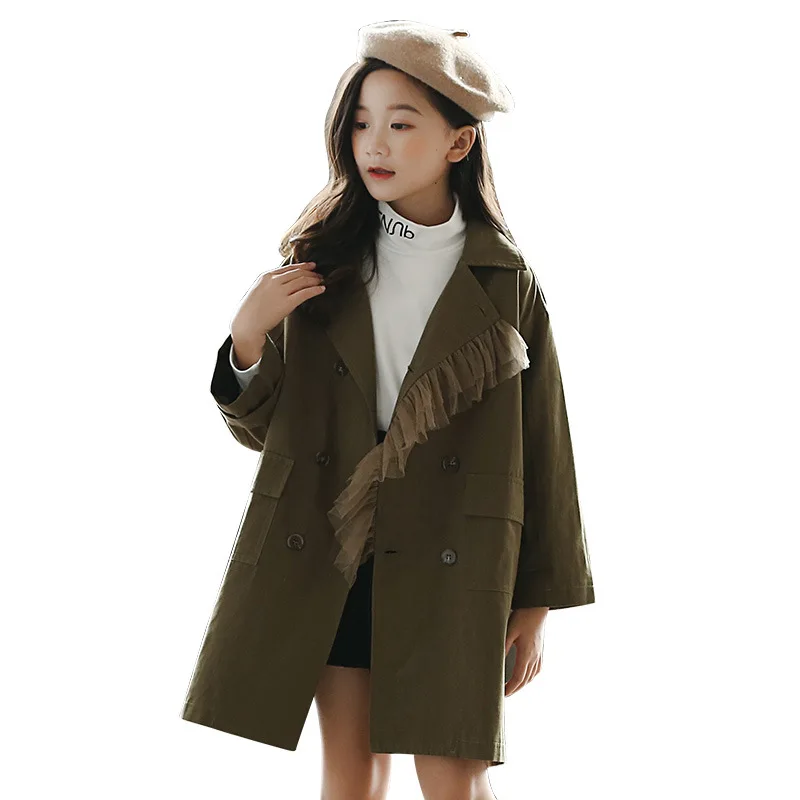 

Girls Cotton Jackets Windbreaker Double-Breasted Coats Cloak New Kids Trench Coats Mesh Stitching Girls Children Clothing CL176