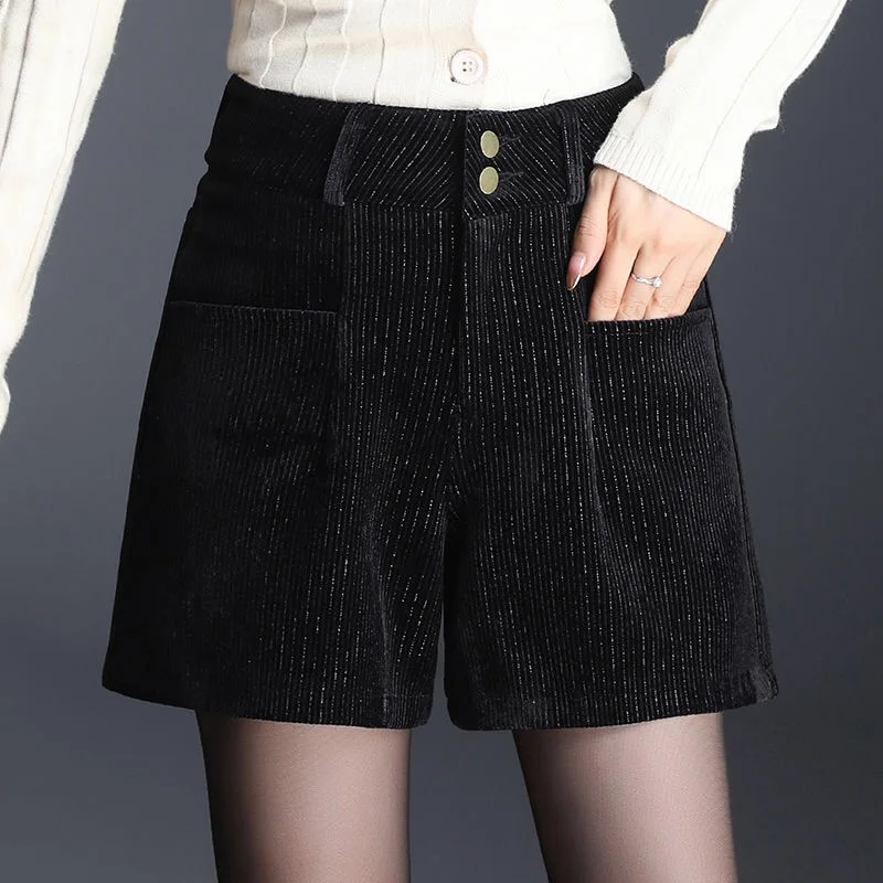 Зима Осень Модные женские высокие приталенные с широкими штанинами полосатые блестящие вельветовые шорты, осенние женские корейские 4xl