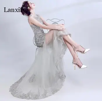 

Lanxirui Gray Illusion Flowers Dress Self-cultivation Elegant Mermaid Embroidery Evening Gowns Sleeveless Lace Hot