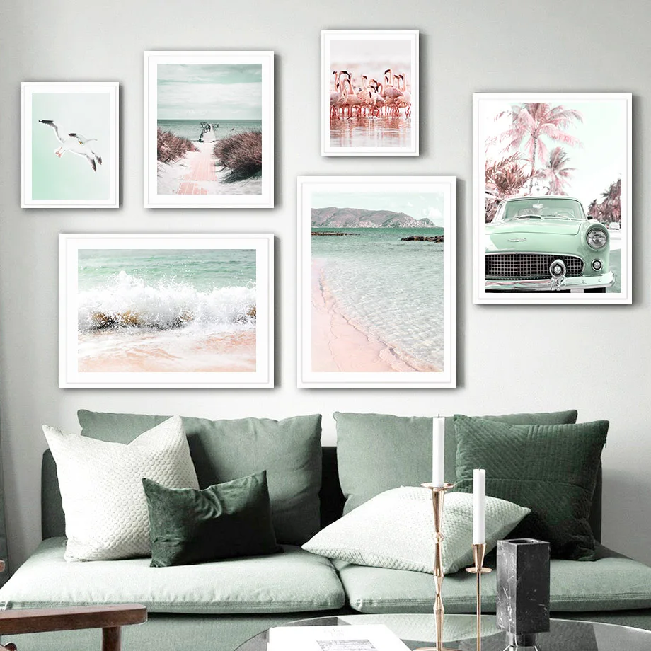 Pink Beach Sea Waves Flamingo Flower Car Wall Art Canvas Painting Nordic Posters And Prints Wall Pictures For Living Room Decor