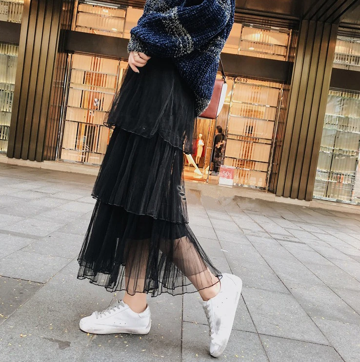 High Waist Multi-layer Cake Skirt Women Ankle-length Sweet Pleated Skirts Ladies solid Color Elegant Fashion Islamic Cothing