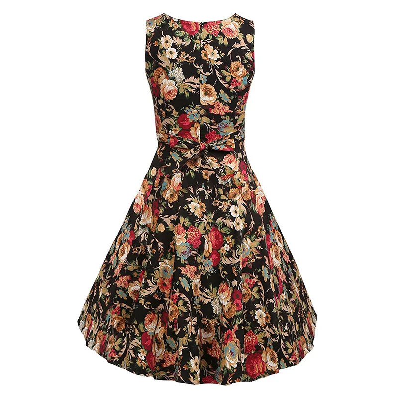 Kostlish Cotton Summer Dress Women 2017 Sleeveless Tunic 50s Vintage Dress Belt Elegant Print Rockabilly Party Dresses Sundress (35)