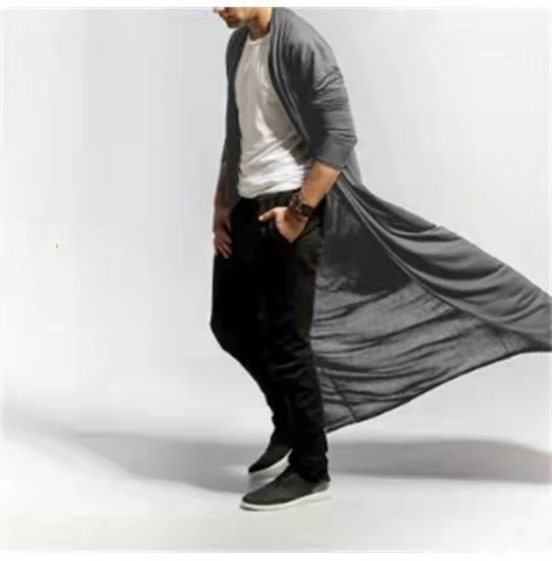 Spring Autumn Thin Cotton Linen Sexy Men's Cardigan Cloak Mature Loose Long Windbreaker Casual Fashion Solid Poncho Men Tops