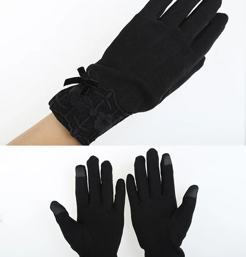 Новая мода сенсорный экран теплые кружевные перчатки женские элегантные осень зима длинные полный палец перчатки варежки бант украшения Guantes