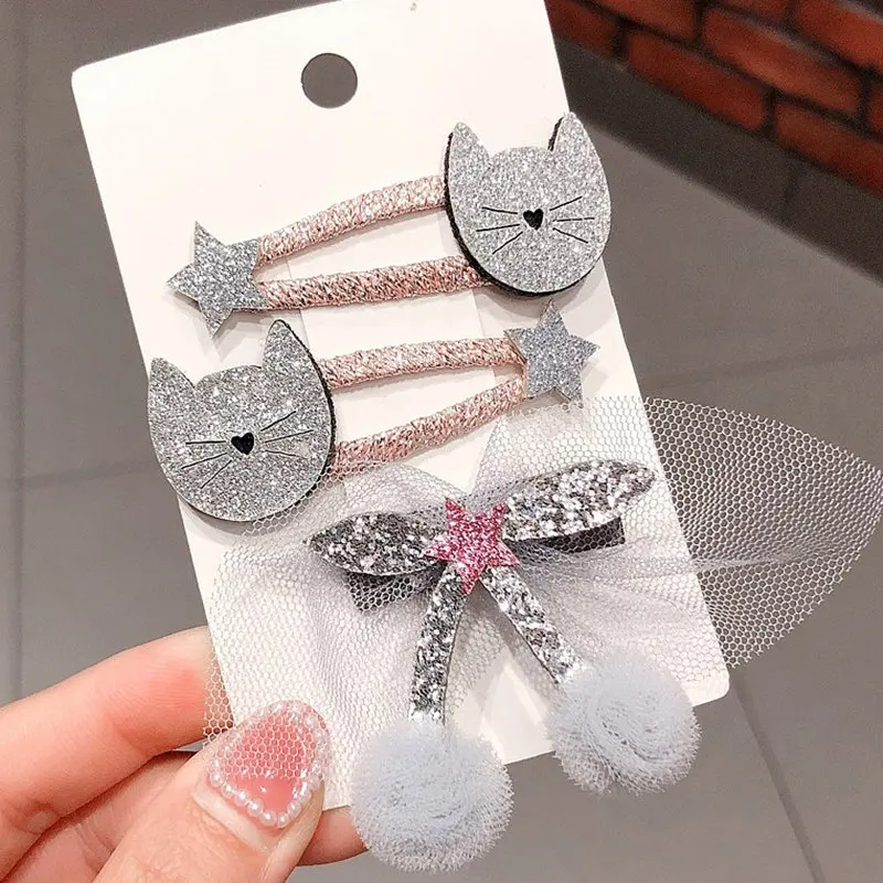 3 шт./компл. милые детские с рисунками животных Bb клип Cat Заколки невидимки для волос блестящие Головные уборы Детские аксессуары для волос