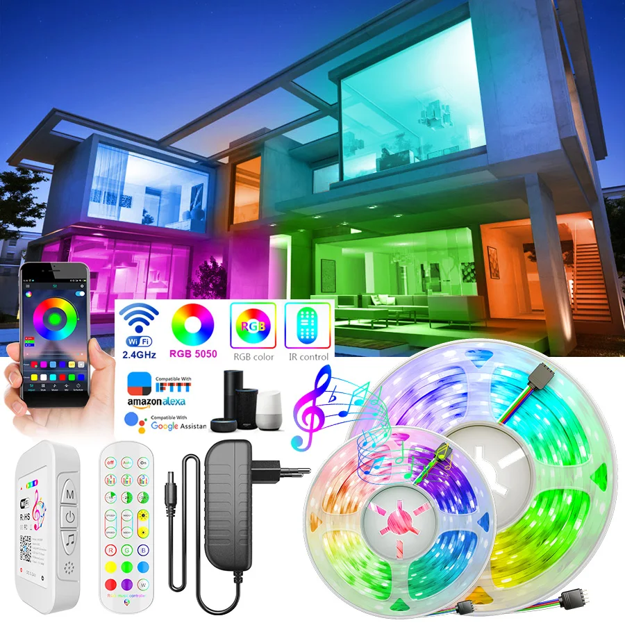 

SMD 5050 Led Strip Light Wifi RGB 5m Led Lights Led Flexible Ribbon Non Waterproof 10m 15m WiFi Music Control for Room Christmas