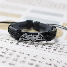 Vintage negro cuero Batman pulsera para mujeres hombres hecho a mano cuerda cadena murciélago encanto accesorios de joyería para brazalete A700