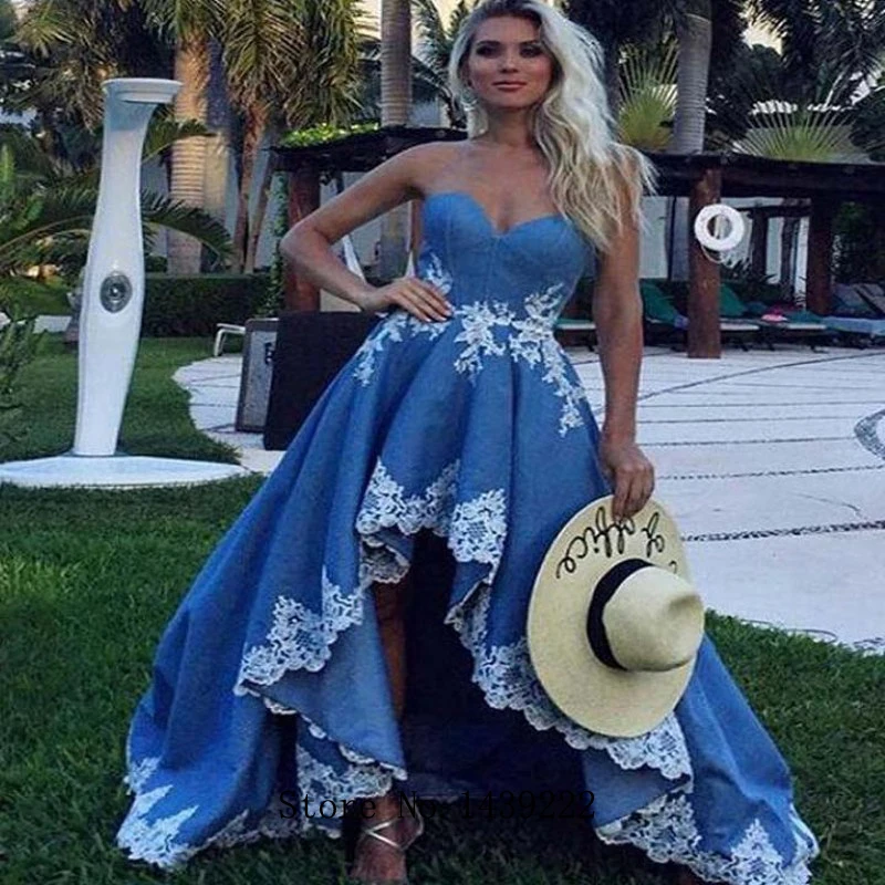 Cheap Blue High Low Satin Evening Dresses Prom Lace Appliques Arabic Vestidos De Fiesta De Noche Robe De Soiree Plus Size
