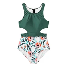 Цельный купальник с цветочным узором и вырезами на молнии сзади, женский купальник с высокой талией, танкини, боди, монокини, купальный костюм, женская пляжная одежда