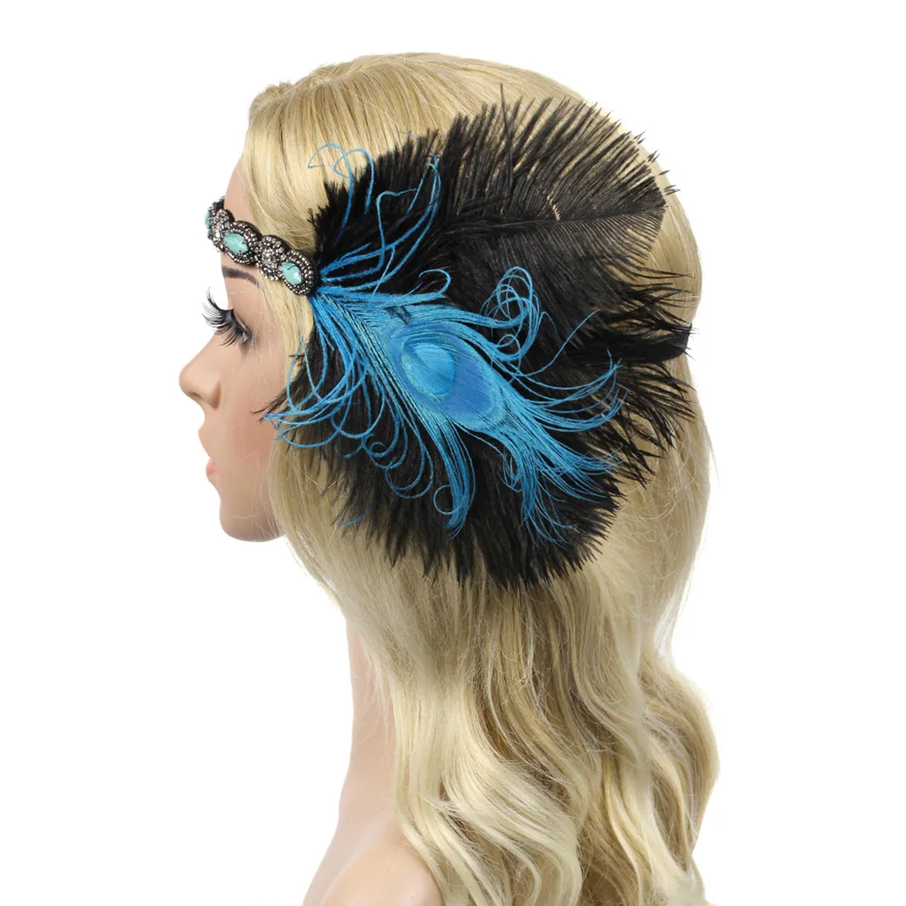 Модные вечерние головной убор с блестками, женская головная повязка, украшение для волос в стиле ретро, украшенное стразами, бисером, свадебное перо павлина - Цвет: Синий