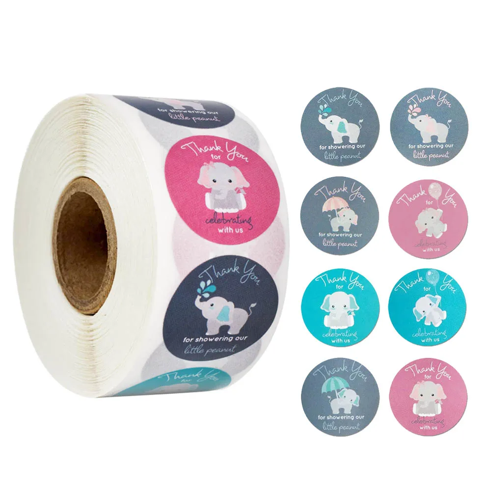 

8 Designs Cartoon Cute Elephant Pattern Thank You Reward Sticker 500pcs/roll 1'' for Kids Birthday Party Supplies Decor Sticker