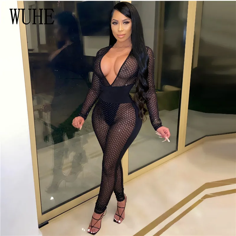 

WUHE Sexy See Through Deep V Neck Fishnet Mesh Party Jumpsuit Women Autumn Long Sleeve Black Bandage Skinny Night Club Bodysuit