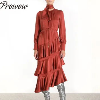 

Prowow New 2020 Spring Runway Quality Women Ruffles Dress Solid Color Bowtie O Neck Long Sleeve Ladies Dress
