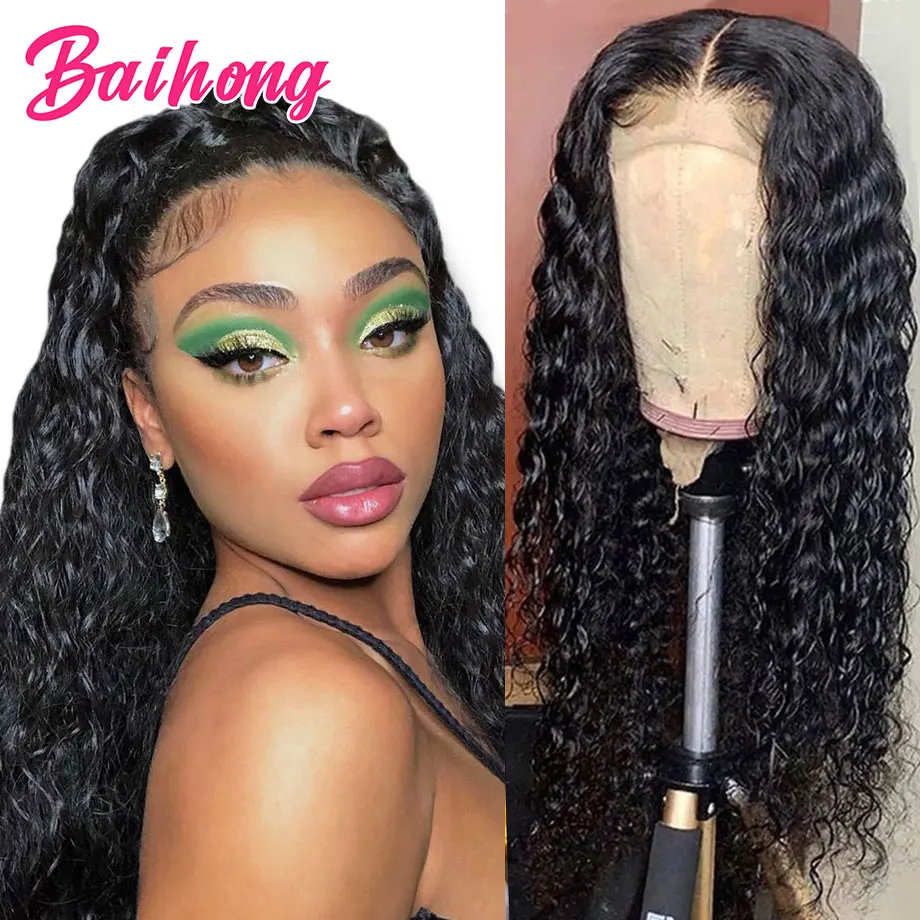 4x4 Water Wave Human Hair Lace Closure Wig 30Inch Brazilian Smooth Women's Long Lace Wig Human Hair Pre Plucked BAIHONG