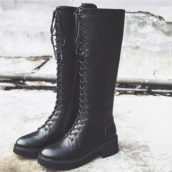 

Women's Boots Autumn Knee-High Boots for Women Microfiber Lace-Up Female Boots 2020 Fashion Black Boots Non Slip Shoes Woman