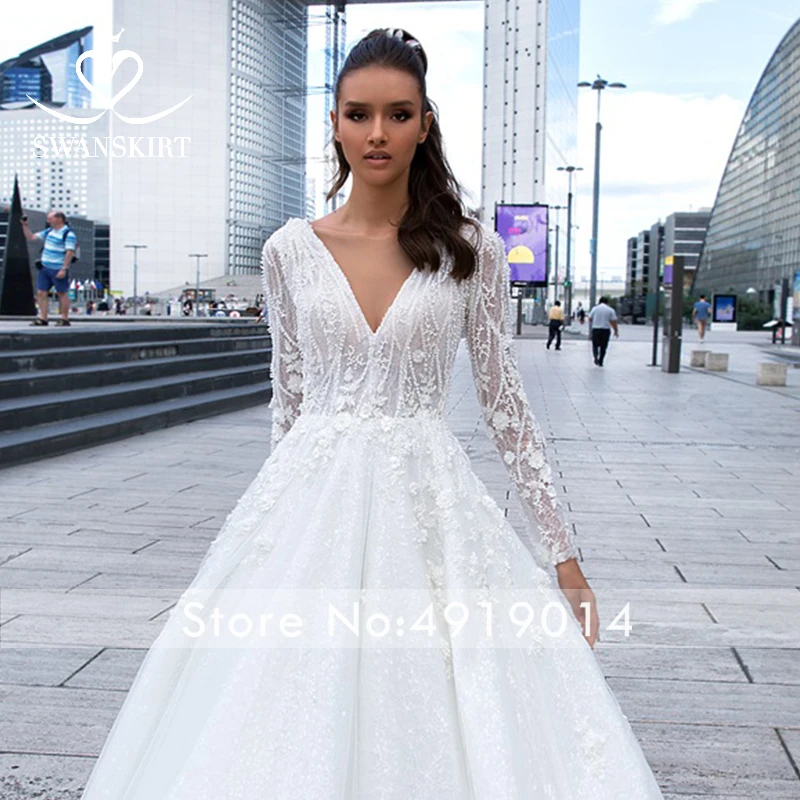 Роскошное Свадебное платье с длинным рукавом, украшенное бусинами, Swanskirt F119, v-образный вырез, 3D цветы, Аппликации, а-силуэт, принцесса, свадебное платье, Vestido de novia